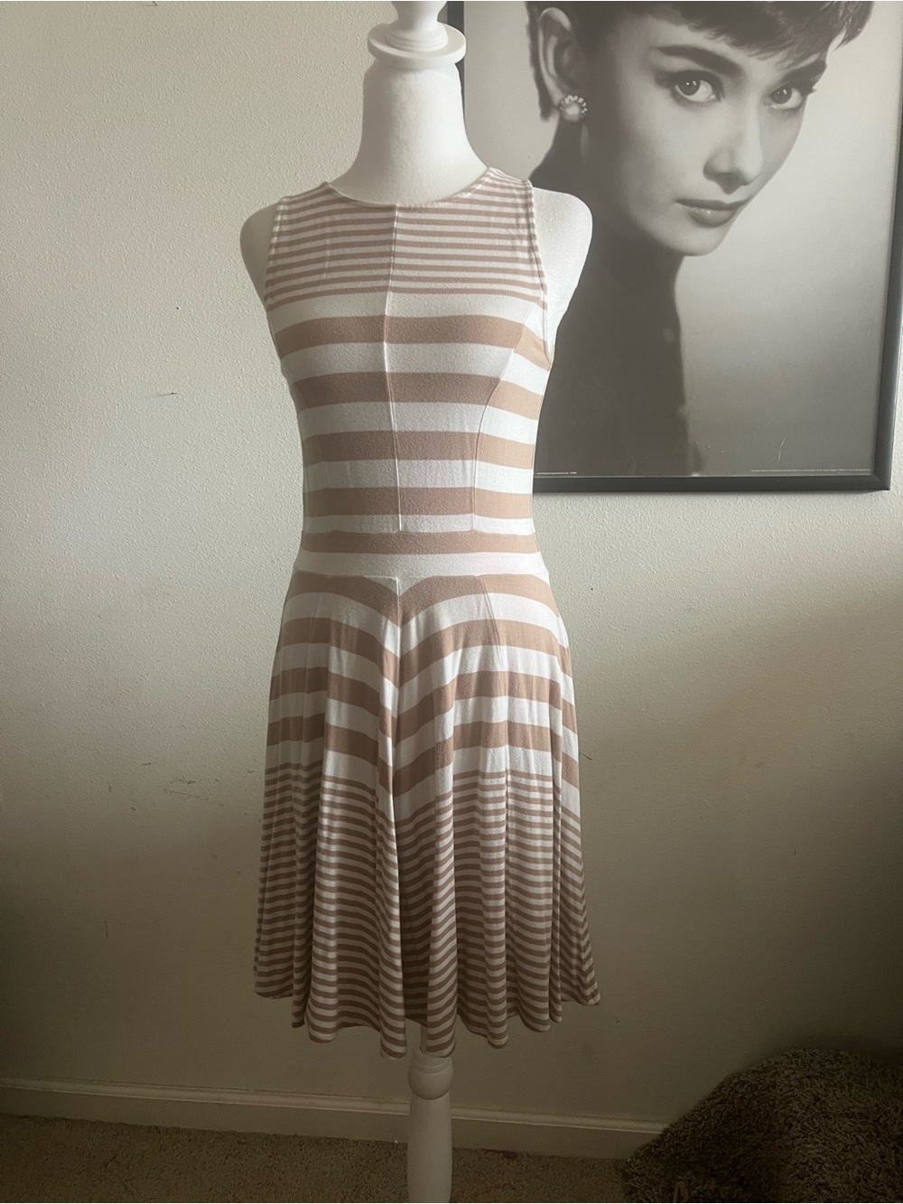 Daniel Cremieux Sleeveless Striped Midi Dress in Beige and White